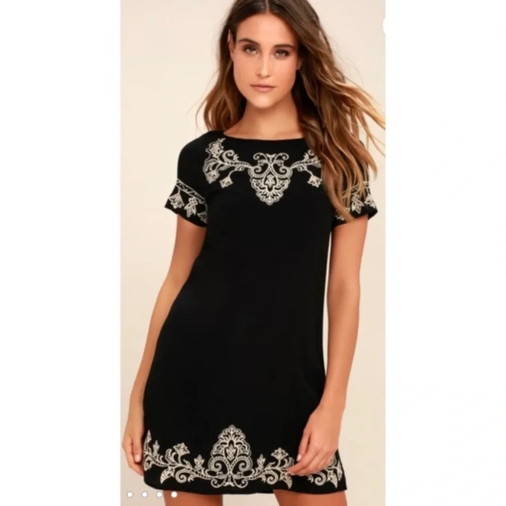 LULUS Tale to Tell Beige & Black Embroidered Dress